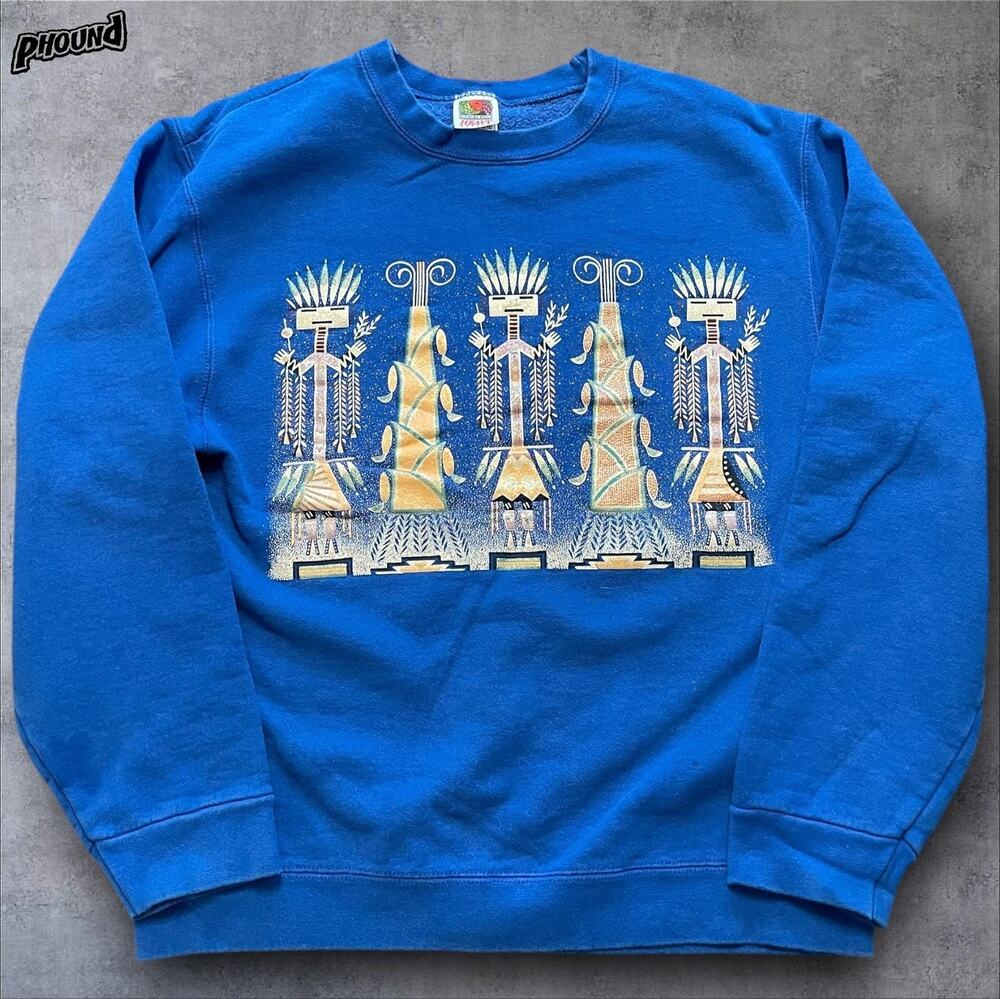Fruit of the Loom Sweatshirt Mens Medium Blue Crewneck Southwestern Graphic